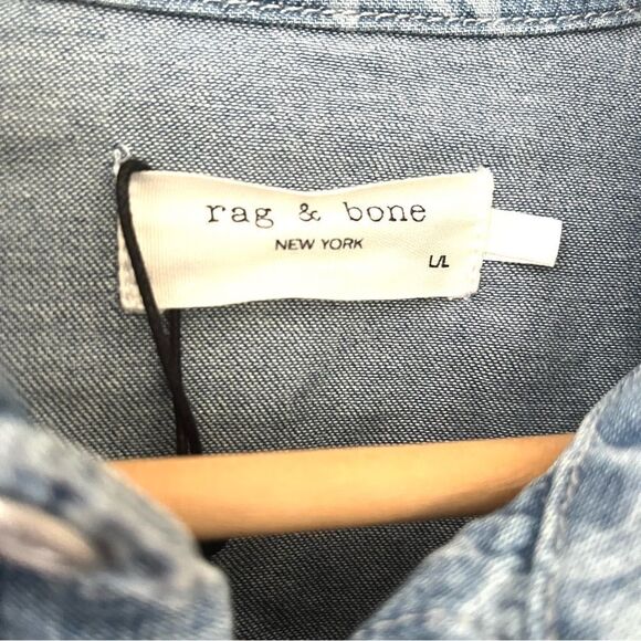 Rag & Bone Floral Cropped Button Up Denim Shirt with Raw Hem Sz Large NWT - Picture 2 of 14